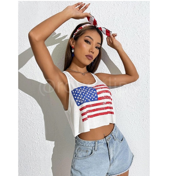 American Flag White Tank Top Crop Raw Hem Stripes Stars United States - Picture 6 of 16